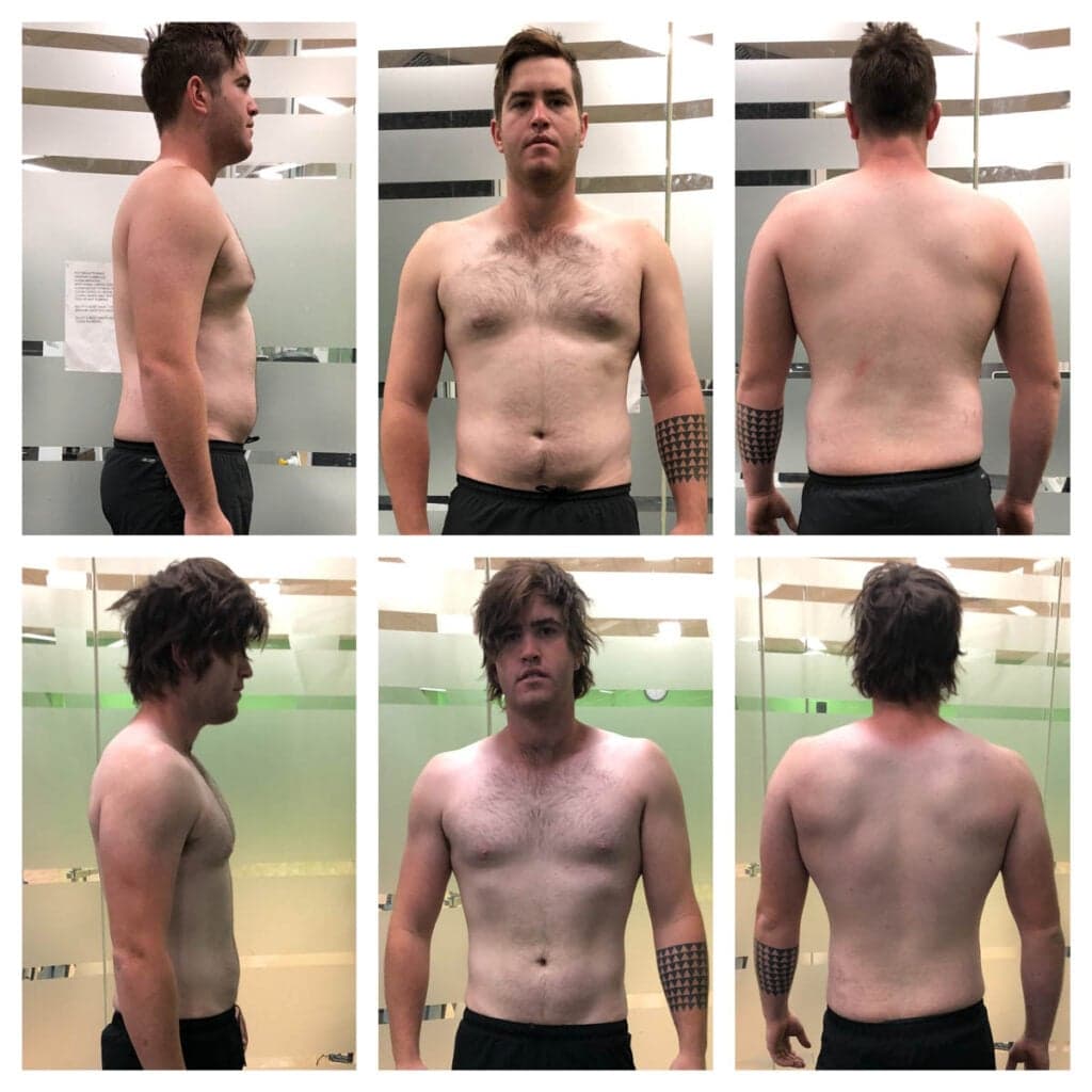 Side-by-side before and after of a client's strength transformation